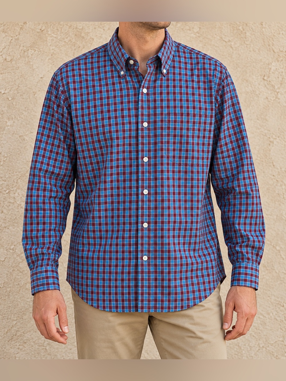 L.L.Bean Traditional Fit Plaid Cotton Button Down Shirt XL Tall Blue Burgundy